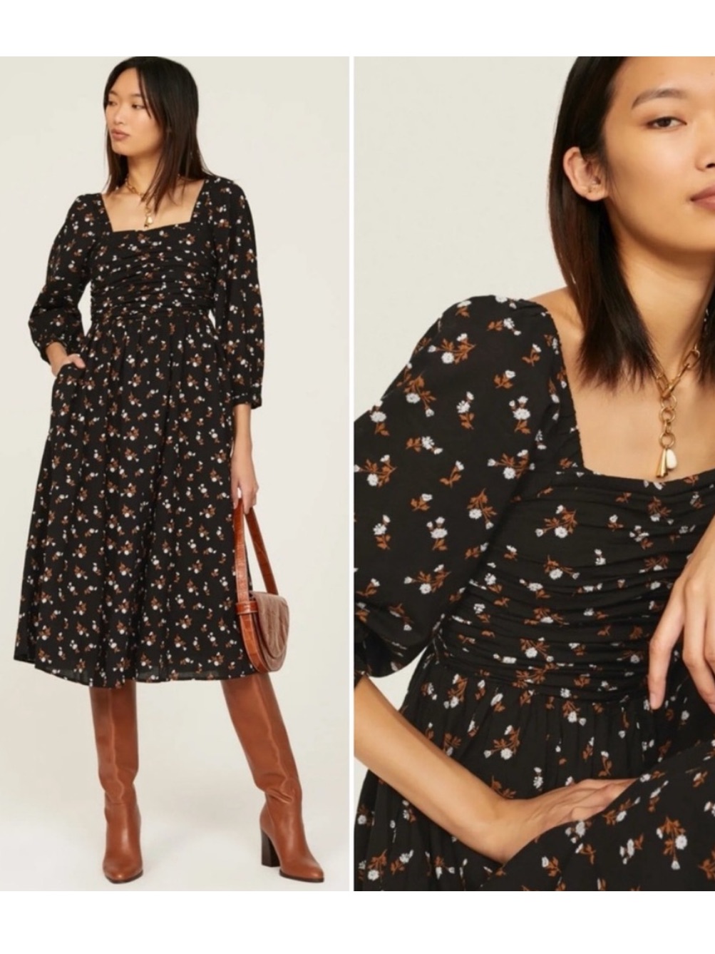 Bogo! Madewell Puff-Sleeve Smocked Midi Dress Woodland Floral Black Small